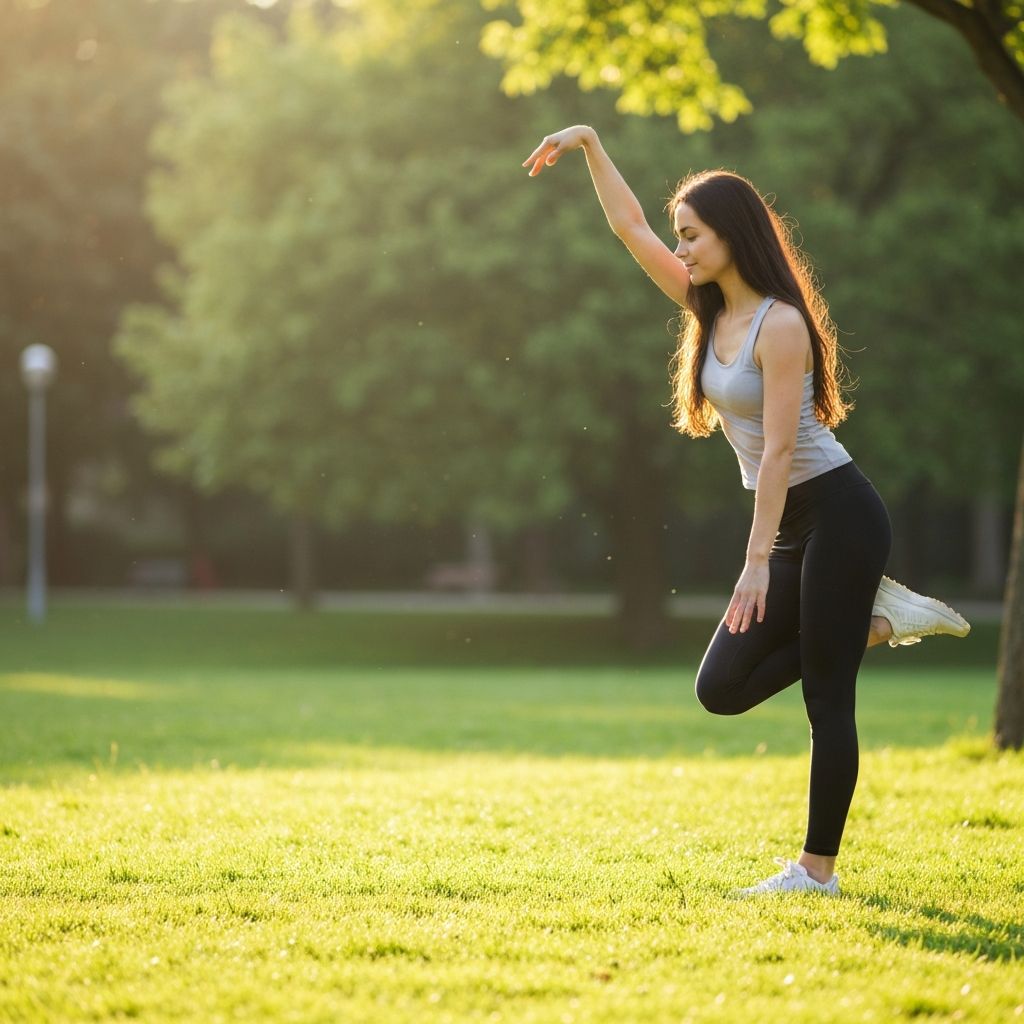 Person stretching in sunlit park